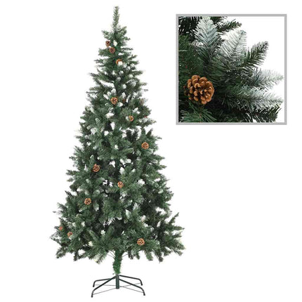 Belyst plastgran med kulor och kottar 210 cm