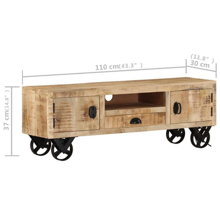 Tv-bänk med hjul 110x30x37 cm grovt mangoträ