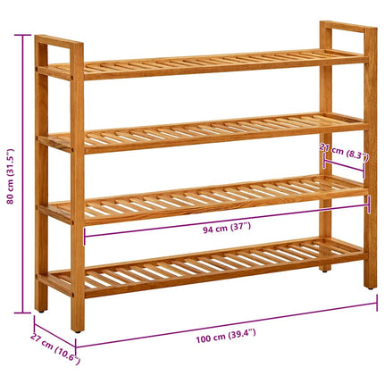 Skohylla med 4 hyllor 100x27x80 cm massiv ek