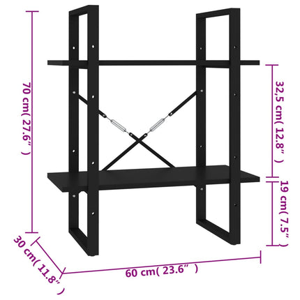 Bokhylla 2 hyllplan svart 60x30x70 cm konstruerat trä