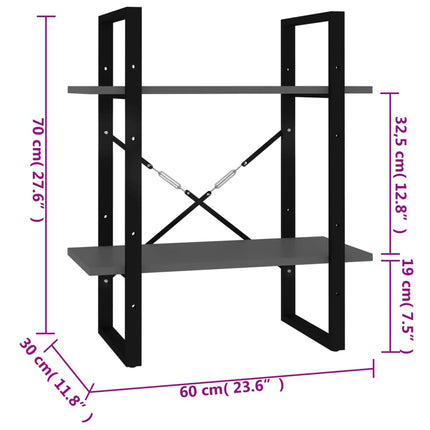 Bokhylla 2 hyllplan grå 60x30x70 cm konstruerat trä