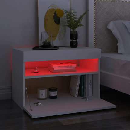 Sängbord med LED-belysning vit 60x35x40 cm konstruerat trä