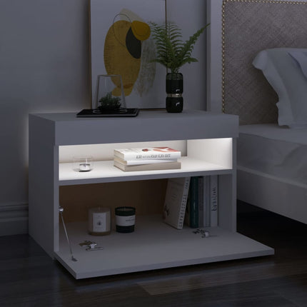 Sängbord med LED-belysning vit 60x35x40 cm konstruerat trä