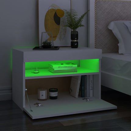 Sängbord med LED-belysning vit 60x35x40 cm konstruerat trä