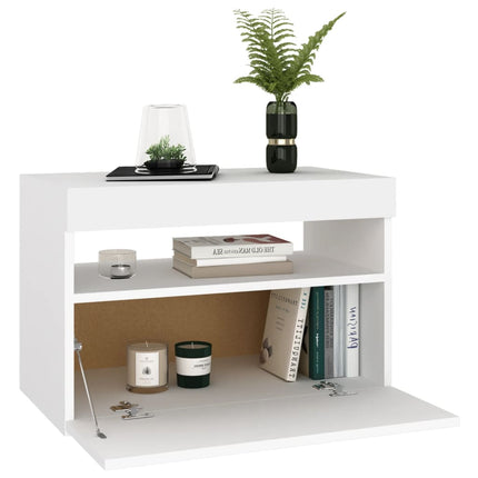 Sängbord med LED-belysning vit 60x35x40 cm konstruerat trä