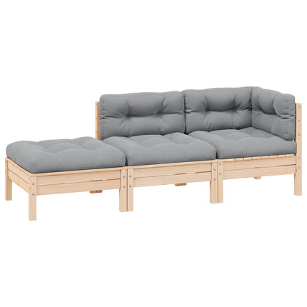 Loungegrupp med grå dynor 3 delar massiv furu