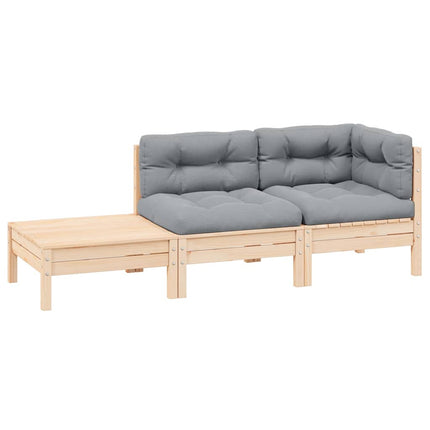 Loungegrupp med grå dynor 3 delar massiv furu