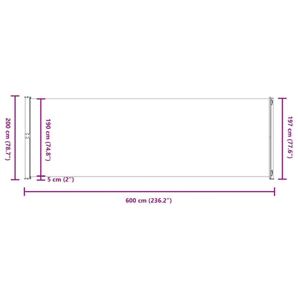 Infällbar sidomarkis 200x600 cm brun