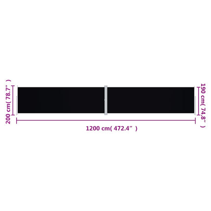 Infällbar sidomarkis svart 200x1200 cm