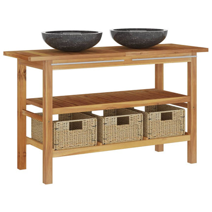 Tvättställsskåp med handfat svart marmor massiv teak