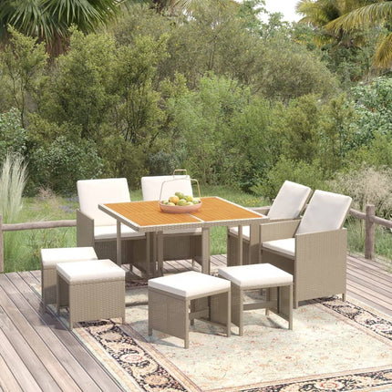 Matgrupp för trädgården med dynor 9 delar konstrotting beige