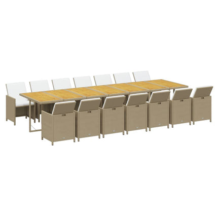 Matgrupp för trädgården med dynor 15 delar beige konstrotting