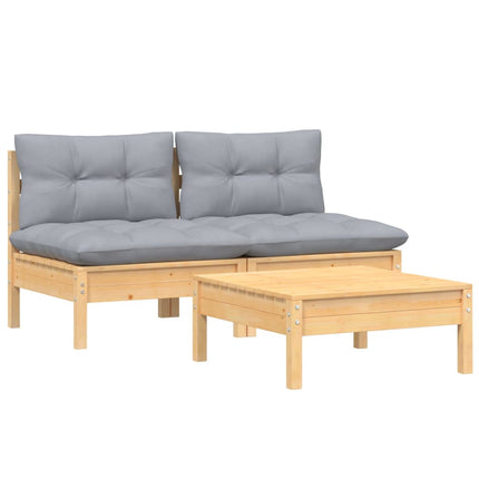 Loungegrupp med grå dynor 3 delar massiv furu
