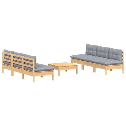Loungegrupp med grå dynor 7 delar massiv furu