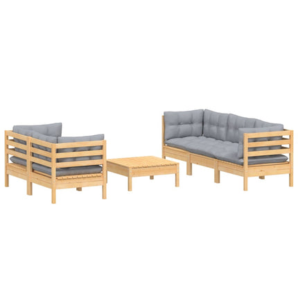 Loungegrupp med grå dynor 6 delar massiv furu