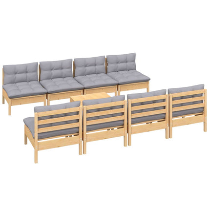 Loungegrupp med grå dynor 9 delar massiv furu