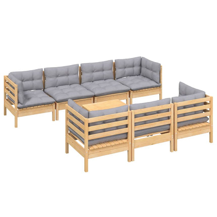 Loungegrupp med grå dynor 8 delar massiv furu