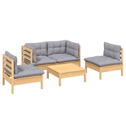 Loungegrupp med grå dynor 5 delar massiv furu