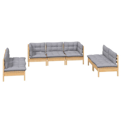 Loungegrupp med grå dynor 7 delar massiv furu