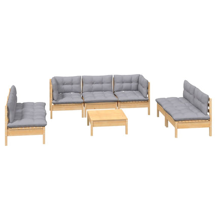 Loungegrupp med grå dynor 8 delar massiv furu