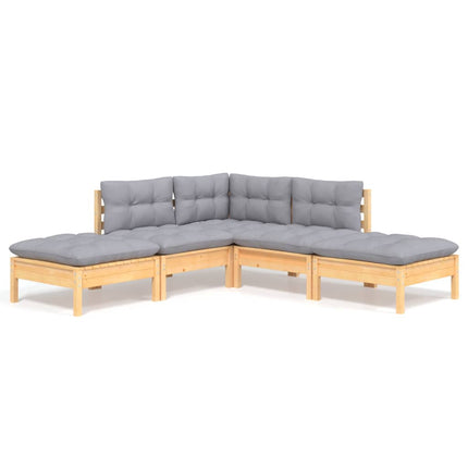 Loungegrupp med grå dynor 5 delar massiv furu