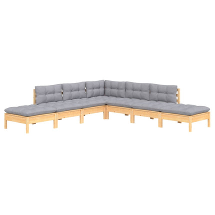 Loungegrupp med grå dynor 7 delar massiv furu