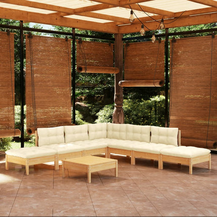 Loungegrupp med gräddvita dynor 8 delar massiv furu