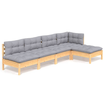 Loungegrupp med grå dynor 5 delar massiv furu