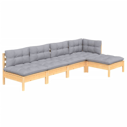 Loungegrupp med grå dynor 5 delar massiv furu