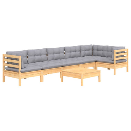 Loungegrupp med grå dynor 7 delar massiv furu
