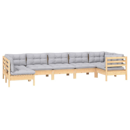 Loungegrupp med grå dynor 7 delar massiv furu