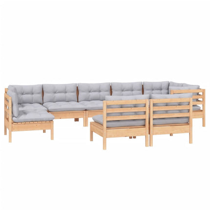 Loungegrupp med grå dynor 9 delar massiv furu
