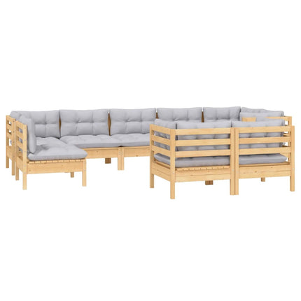 Loungegrupp med grå dynor 9 delar massiv furu