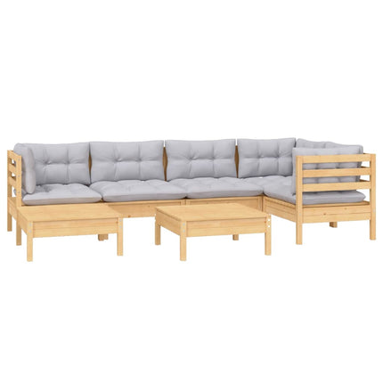 Loungegrupp med grå dynor 7 delar massiv furu