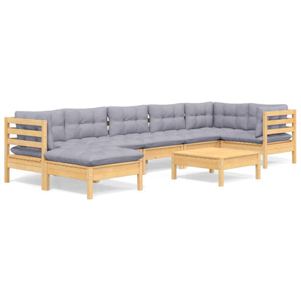 Loungegrupp med grå dynor 8 delar massiv furu