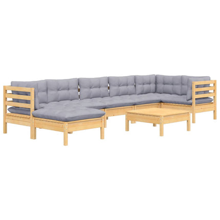 Loungegrupp med grå dynor 8 delar massiv furu
