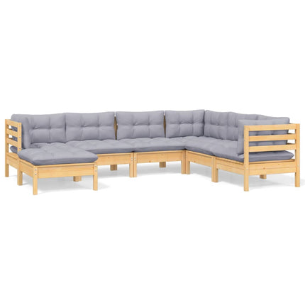 Loungegrupp med grå dynor 7 delar massiv furu