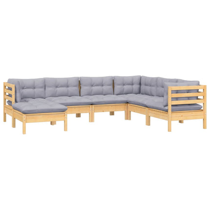 Loungegrupp med grå dynor 7 delar massiv furu
