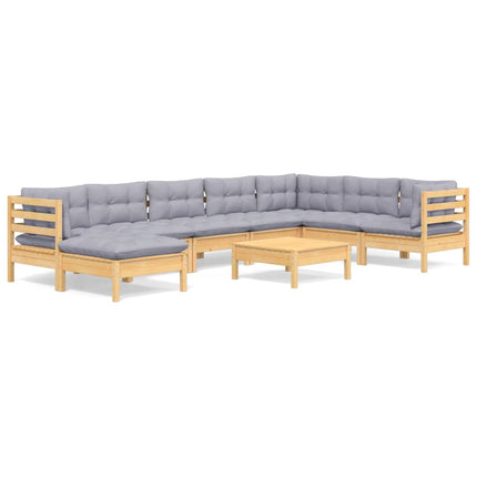 Loungegrupp med grå dynor 9 delar massiv furu