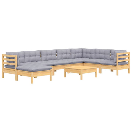 Loungegrupp med grå dynor 9 delar massiv furu