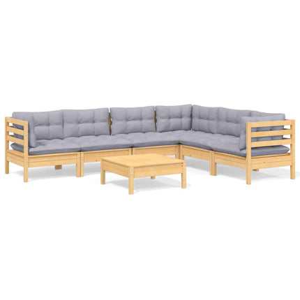 Loungegrupp med grå dynor 7 delar massiv furu