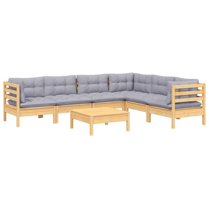 Loungegrupp med grå dynor 7 delar massiv furu
