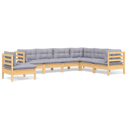 Loungegrupp med grå dynor 7 delar massiv furu