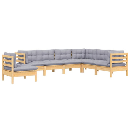 Loungegrupp med grå dynor 7 delar massiv furu