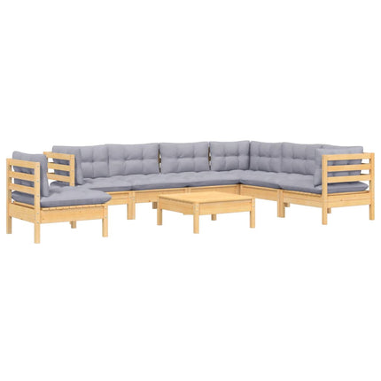 Loungegrupp med grå dynor 8 delar massiv furu