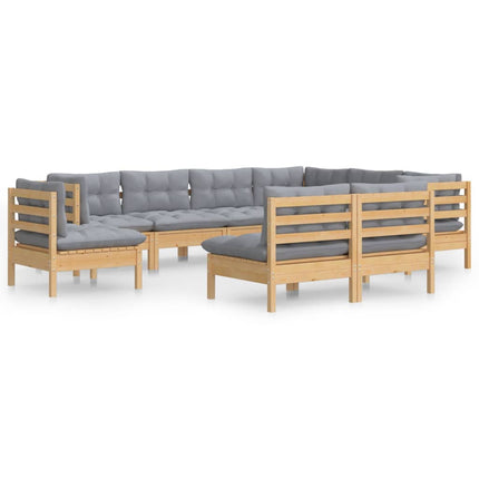 Loungegrupp med grå dynor 9 delar massiv furu