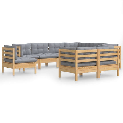Loungegrupp med grå dynor 9 delar massiv furu