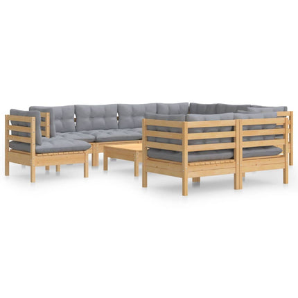 Loungegrupp med grå dynor 10 delar massiv furu