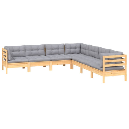 Loungegrupp med grå dynor 7 delar massiv furu