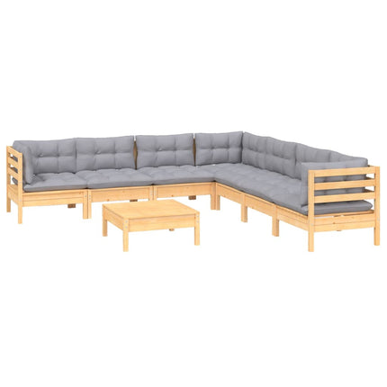 Loungegrupp med grå dynor 8 delar massiv furu
